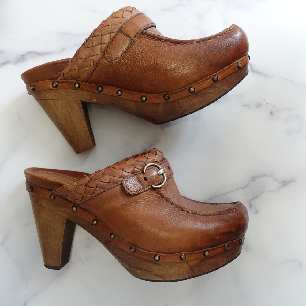 Earthies Rochelle Almond Leather Clog Mules Womens 7.5 Brown‎ Braided Wood Heel